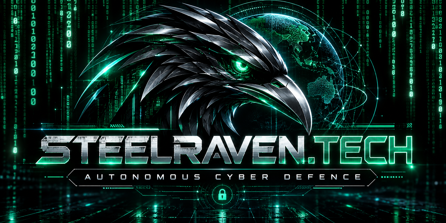 Steel Raven metallic raven emblem and SteelRaven.tech wordmark